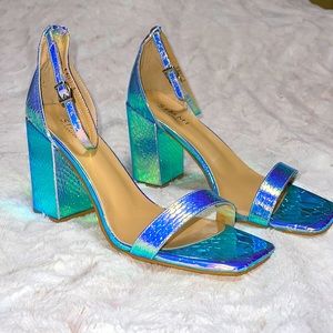 Holographic Faux Snake Skin Ankle Strap Heels